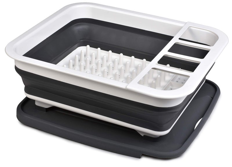 Masirs Pop-Up Collapsible Dish Drying Rack: Convenient Storage, Drains into Sink, Eight Large Plate Capacity, Sectional Cutlery and Utensil Compartment. Compact and Portable Design. - Image 1